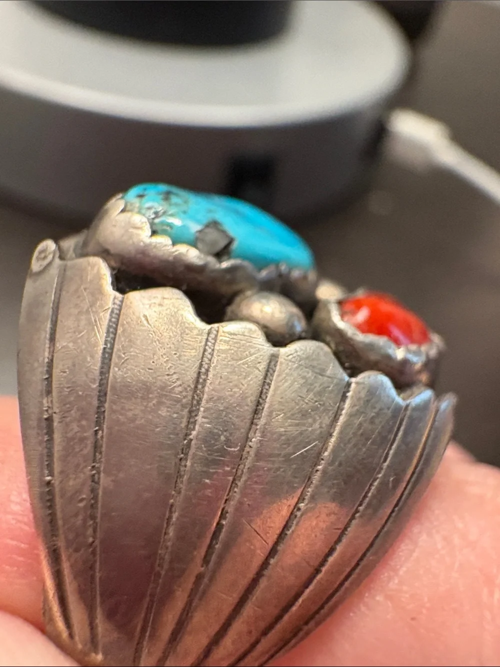 Vintage Navajo Sterling Silver Turquoise and Coral Shadowbox Ring Men’s 9.5-10.5